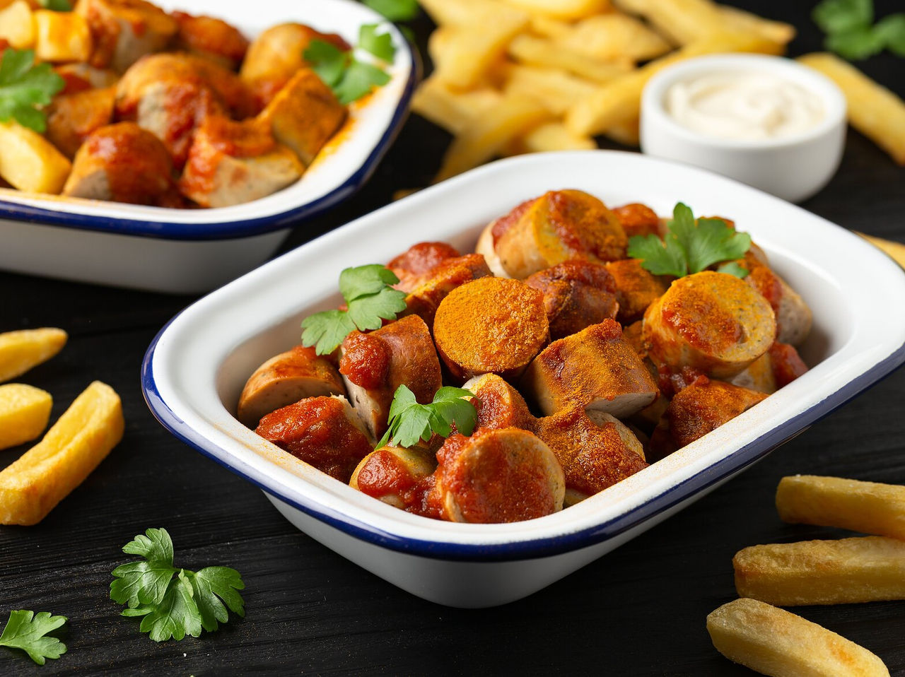 Explorá Hoteles en Berlín presentando platos de salchichas al curry con papas fritas y salsa cremosa