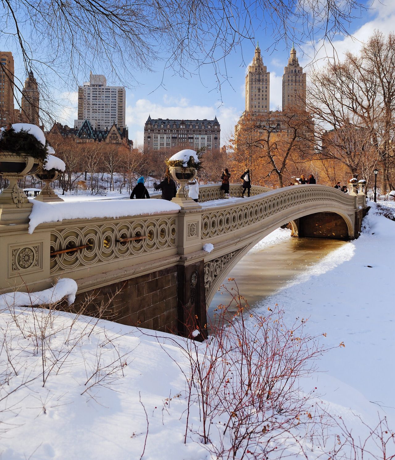 Ponte num parque em Nova Iorque coberta por uma camada de neve, com o lago congelado por baixo e os prédio de fundo