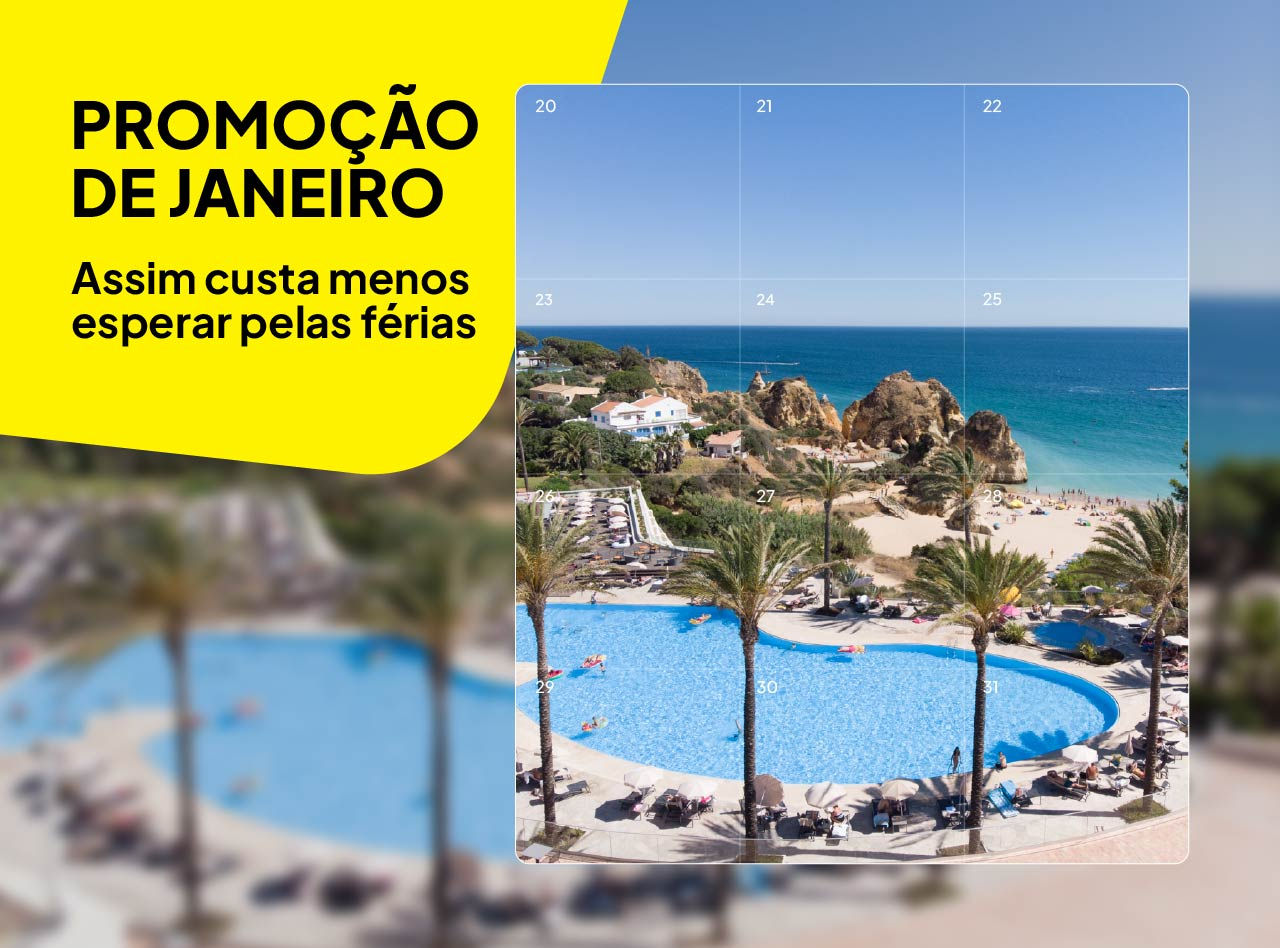 Calendário sobre foto de resort com piscina azul, palmeiras e praia rochosa diante do mar cristalino turquesa