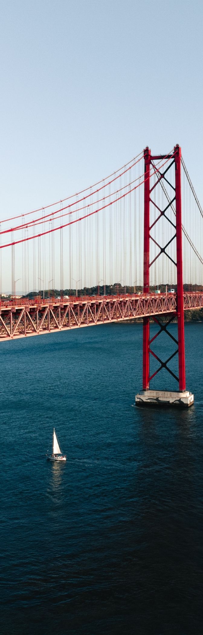 Panoramablick auf die Stadt Lissabon, mit dem Tejo-Fluss und mehreren Booten sowie der 25. April Brücke