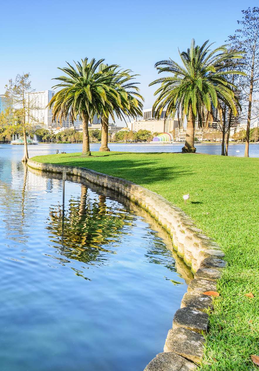 Seeufer am Lake Eola nahe Pestana Orlando Suites Lake Buena Vista, Hotel em Orlando, nos EUA mit Palmen und ruhigem Wasser