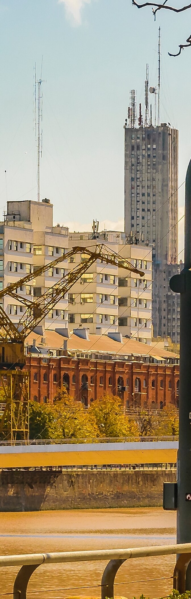 Urban landscape of Buenos Aires with the port neighborhood of Puerto Madero, high buildings, and the Rio de la Plata