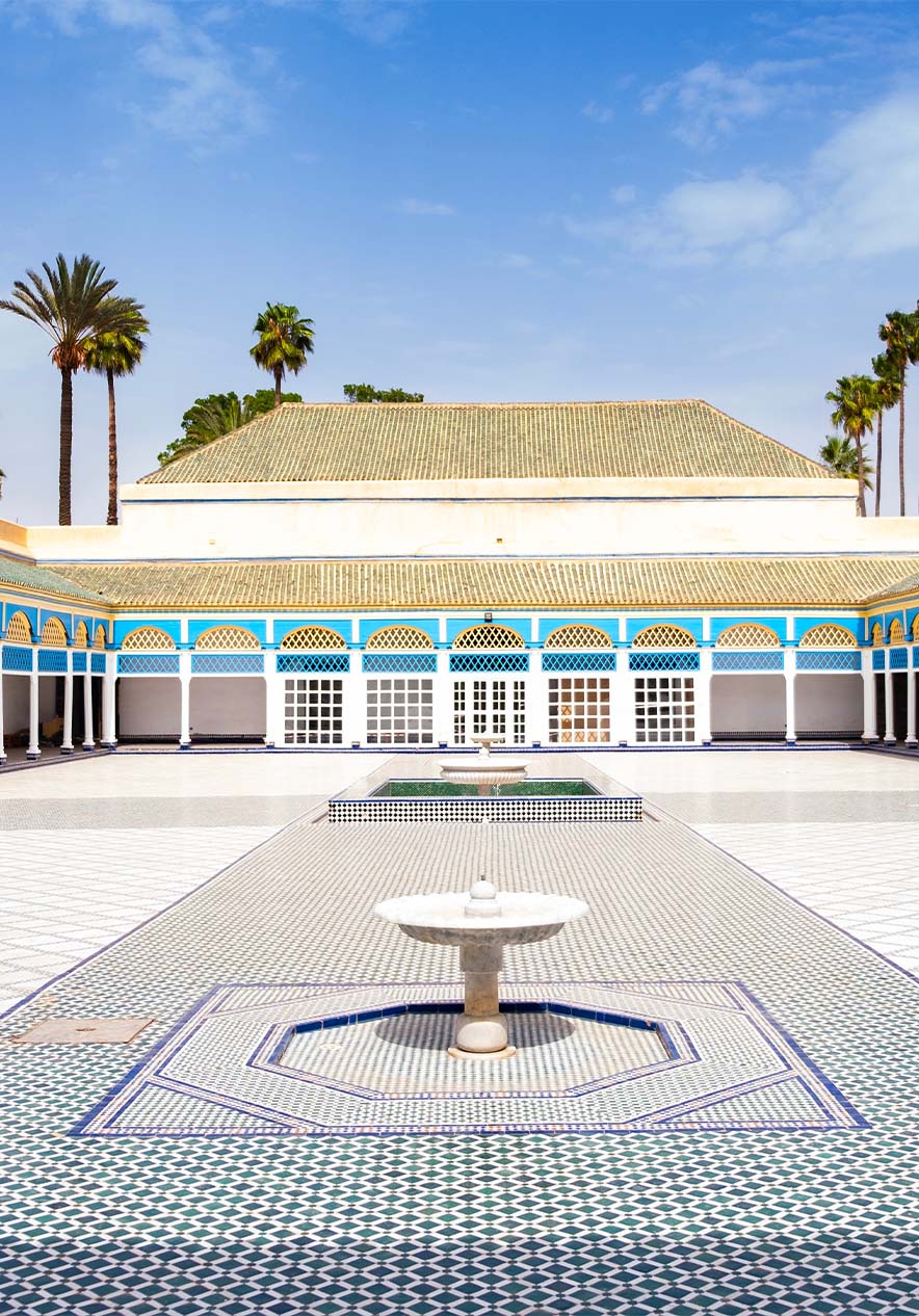 Bahia Palace near Pestana CR7 Marrakech, Hotel no Centro de Marraquexe with tiled courtyard fountains and palm trees