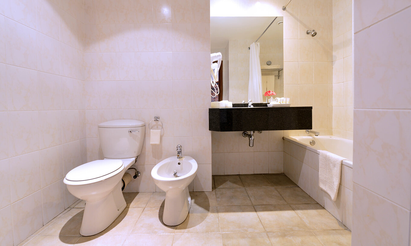 The Luxury Suite of Pestana Rovuma has a bathroom with toilet, bidet, sink with mirror, and bathtub with shower