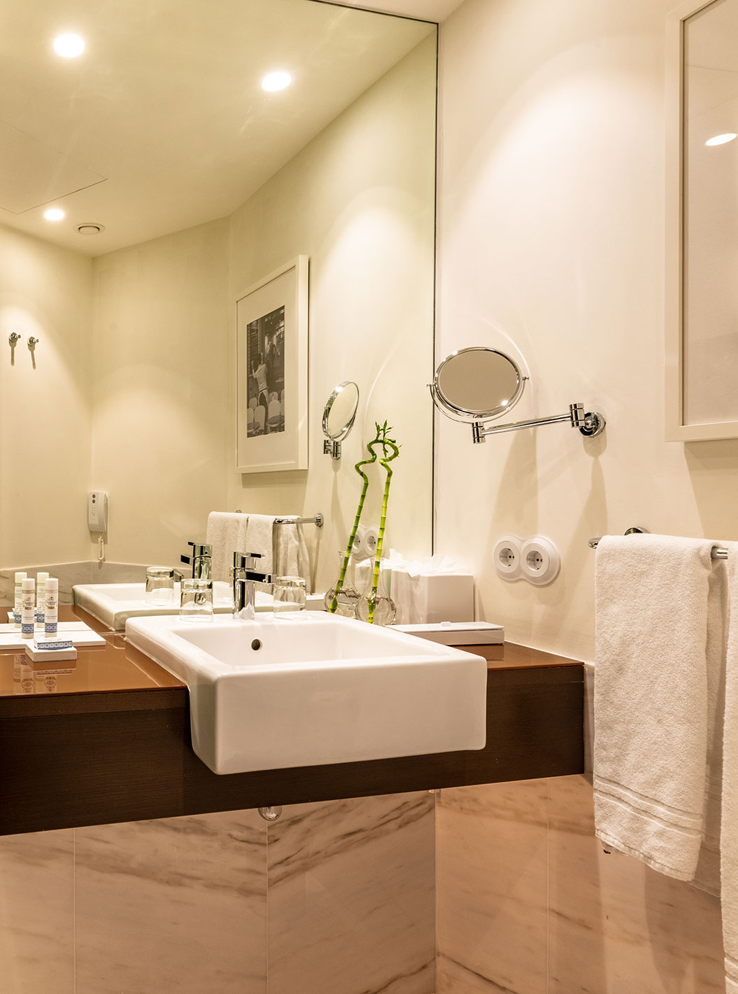 Classic Blend Room at Pestana Porto - A Brasileira featuring a marble bathroom with glass shower and twin sinks