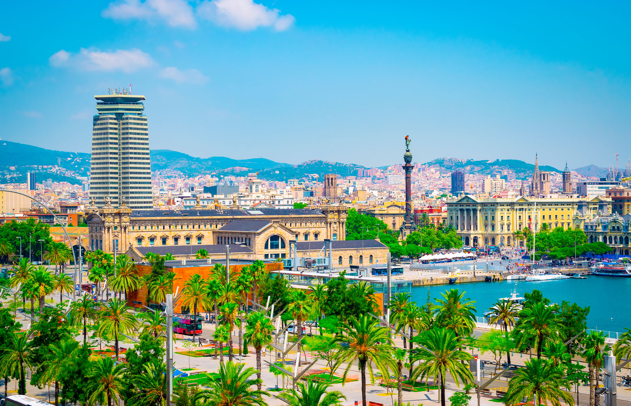 Stunning view of the Port of Barcelona, with the iconic statue of Columbus in the background surrounded by palm trees