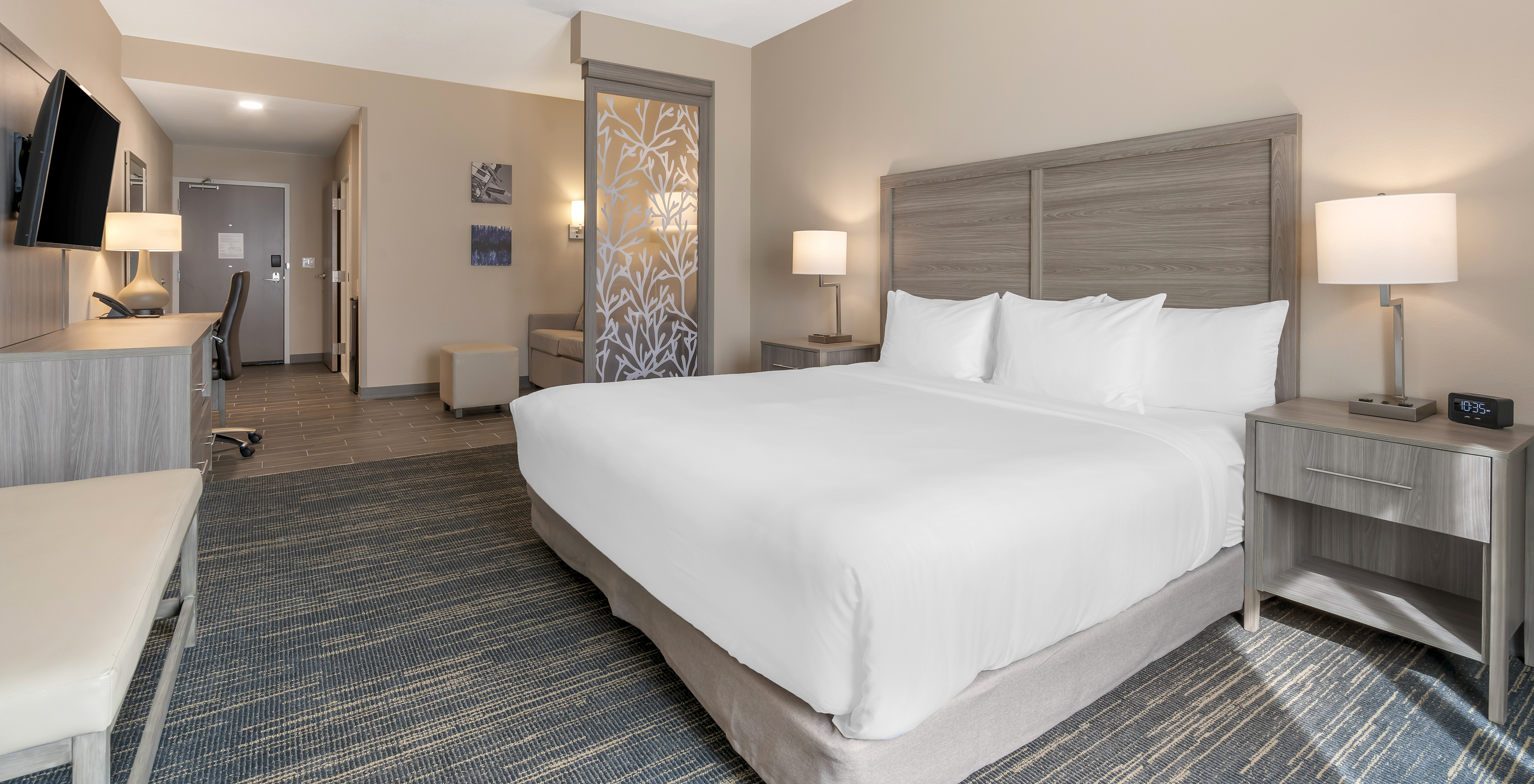 The ADA King Suite at Pestana Orlando Suites Lake Buena Vista has a double bed, a bedside table, and a television