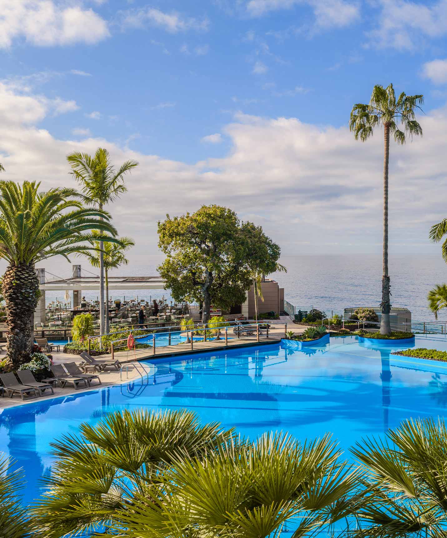 Pestana Carlton Madeira, Hotel 5 Estrelas na Madeira com piscina exterior rodeada por palmeiras junto ao mar