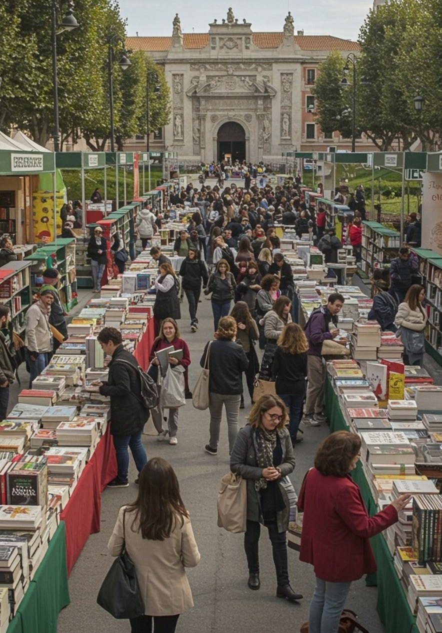 Madrid book fair activity with visitors browsing outdoor stalls lined with books beside a historic stone gate