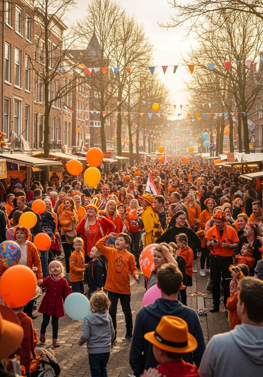 Crowds in orange clothing fill a canal street in Amsterdam during King Day celebrations with balloons and flags