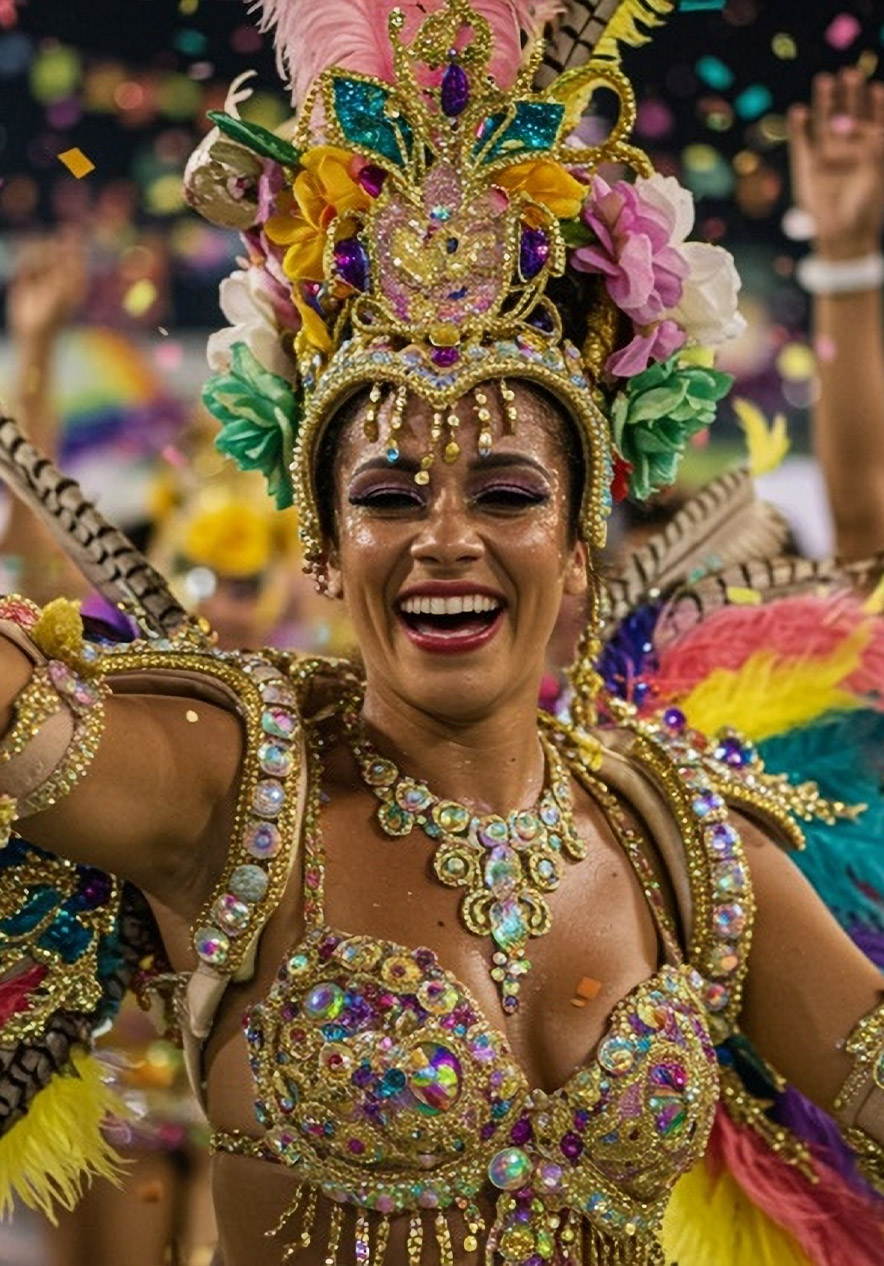 Carnival celebration near Miami featuring a dancer in jeweled costume with colorful feathers and confetti