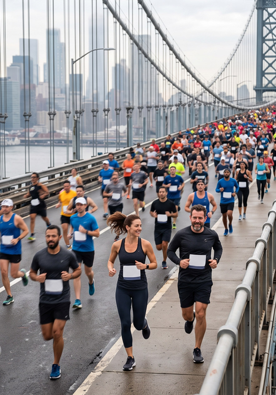 New York marathon runners crossing a suspension bridge near the skyline during an outdoor sporting event