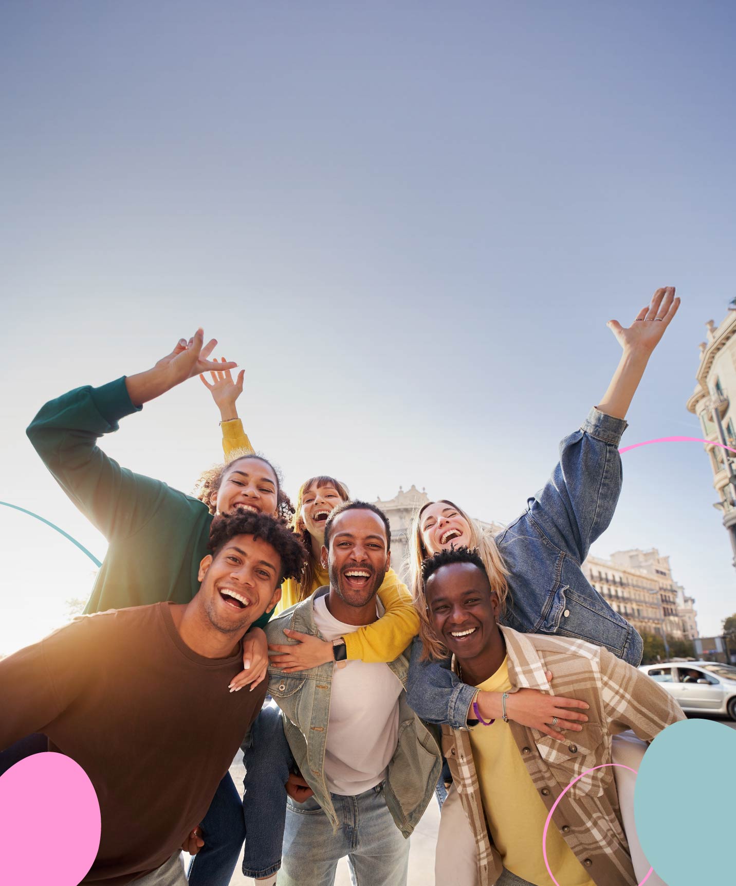 Group of happy friends celebrating Easter in a city destination with Pestana CR7 Lifestyle Hotels