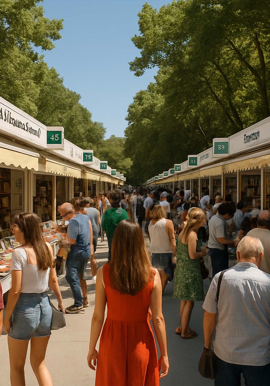 Feria del libro al aire libre en Lisboa con visitantes recorriendo puestos entre árboles en un paseo soleado