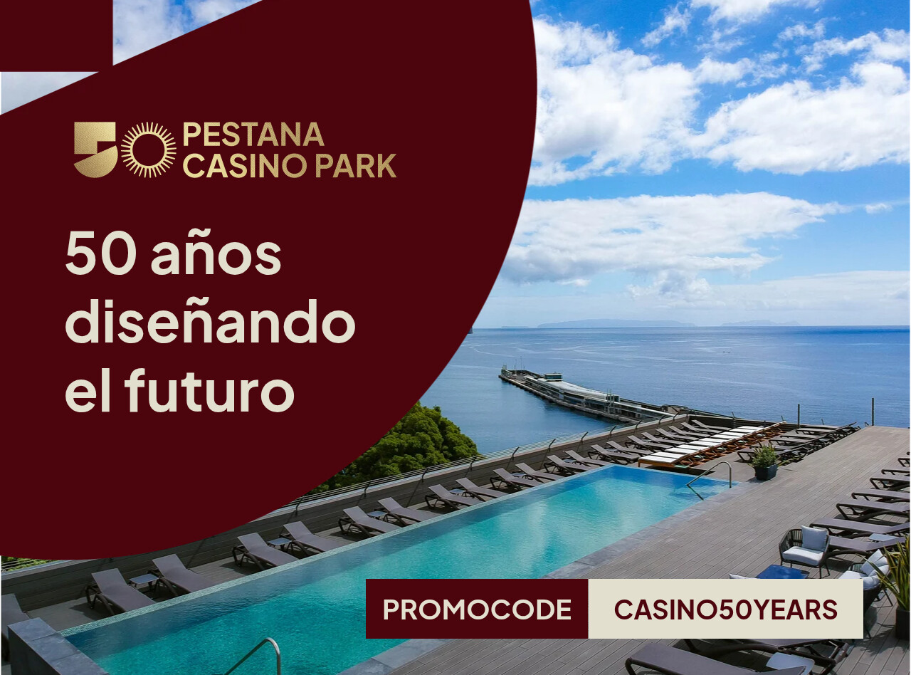 Promoción de Pestana Casino Park con piscina infinita frente al mar y cielo despejado sobre el muelle