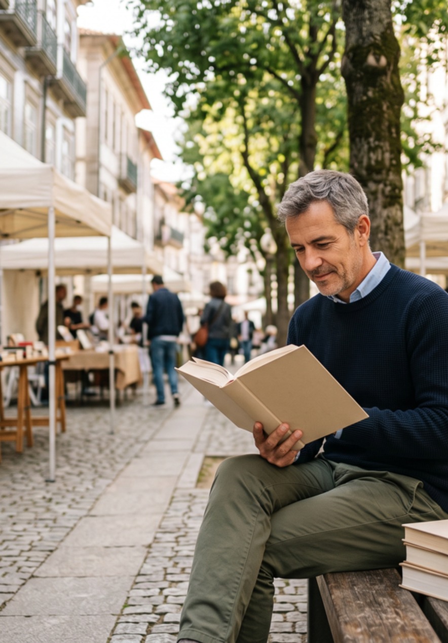 Feria del libro en Porto con visitantes paseando entre puestos y un hombre leyendo bajo los árboles en calle adoquinada