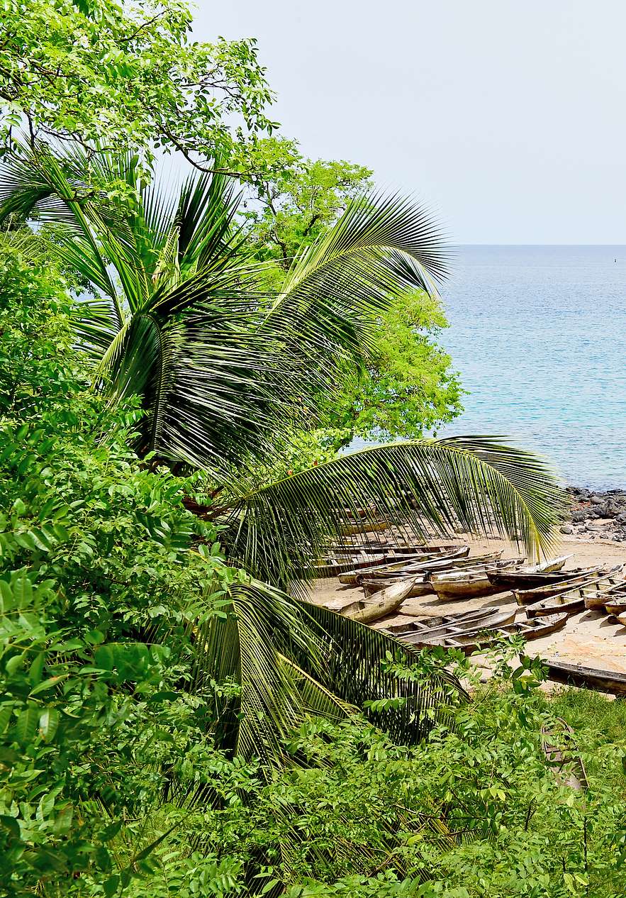 Lagoa Azul cerca de Miramar São Tomé, Hotel 4 Estrelas em São Tomé, con palmeras y barcas junto al mar