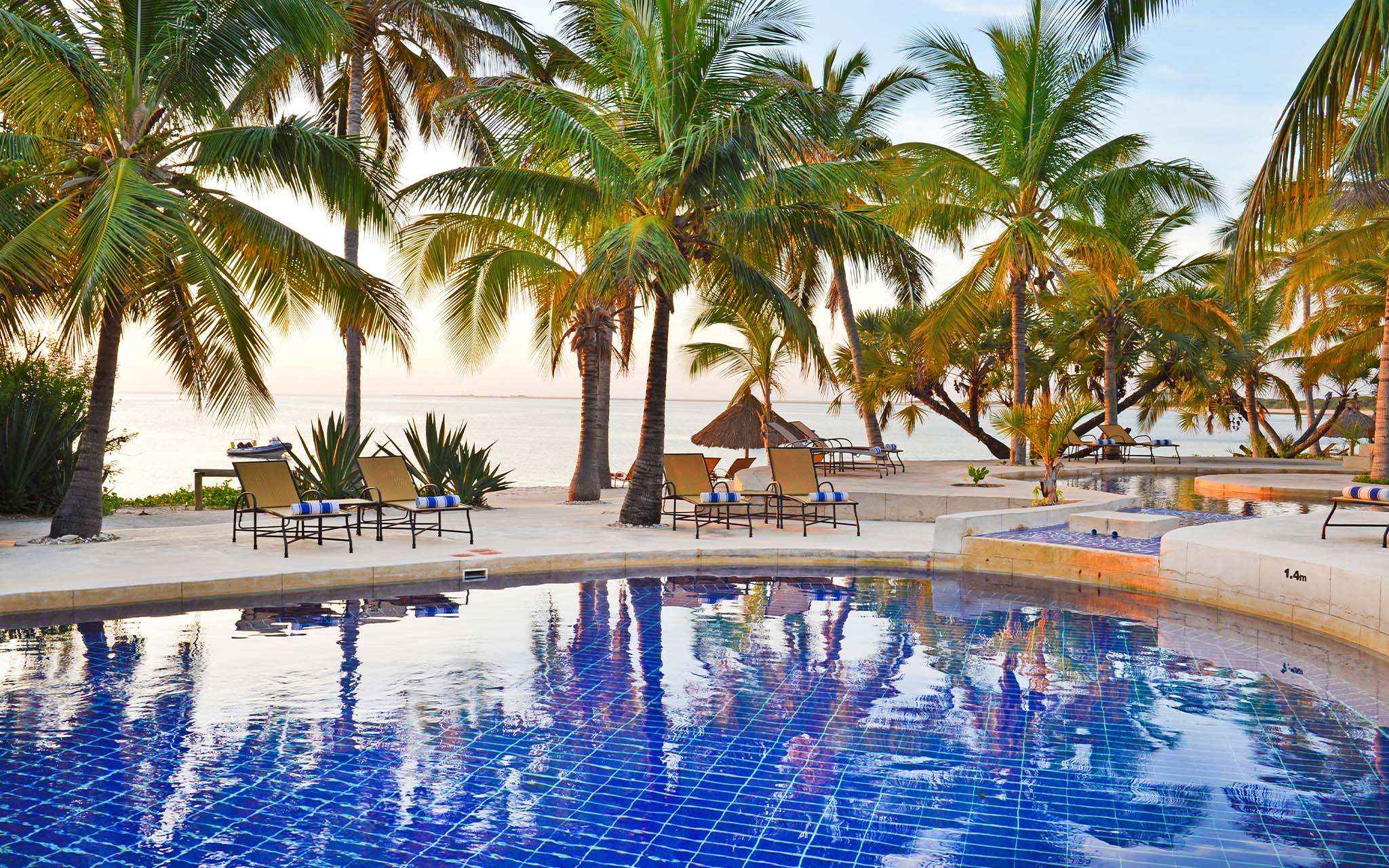 Piscine du Pestana Bazaruto Lodge, au Mozambique, entourée de palmiers et de transats, avec la plage en face