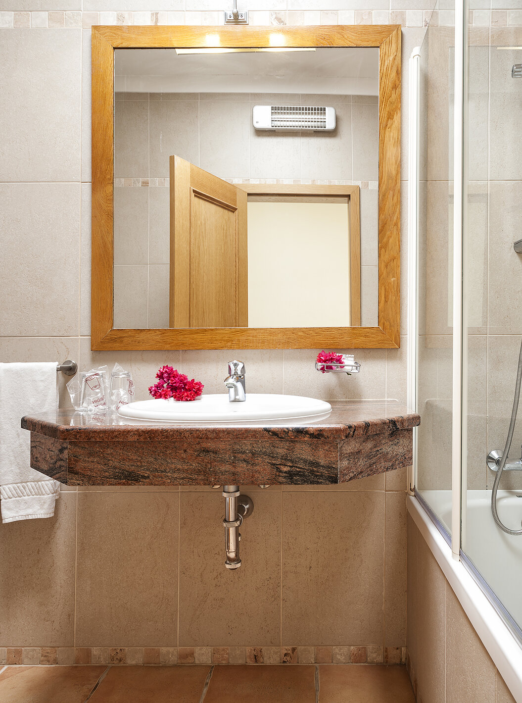 L'Appartement T1 - Terra du Pestana Palm Gardens a une baignoire avec douche, un lavabo avec fleurs et un miroir