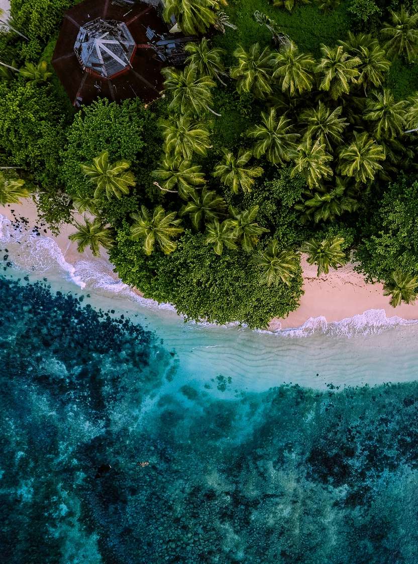 Île tropicale de São Tomé avec plage de sable clair, eaux cristallines et végétation luxuriante de palmiers
