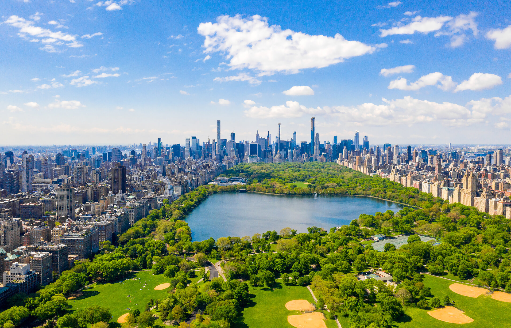 Paysage de Central Park à New York, avec diverses zones vertes, des chemins bordés d'arbres et des gratte-ciels autour du parc