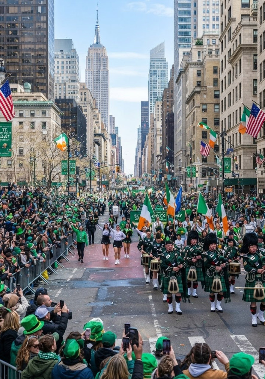 Sint-Patricksparade in New York met doedelzakspelers, Ierse vlaggen en drukke straten vol toeschouwers