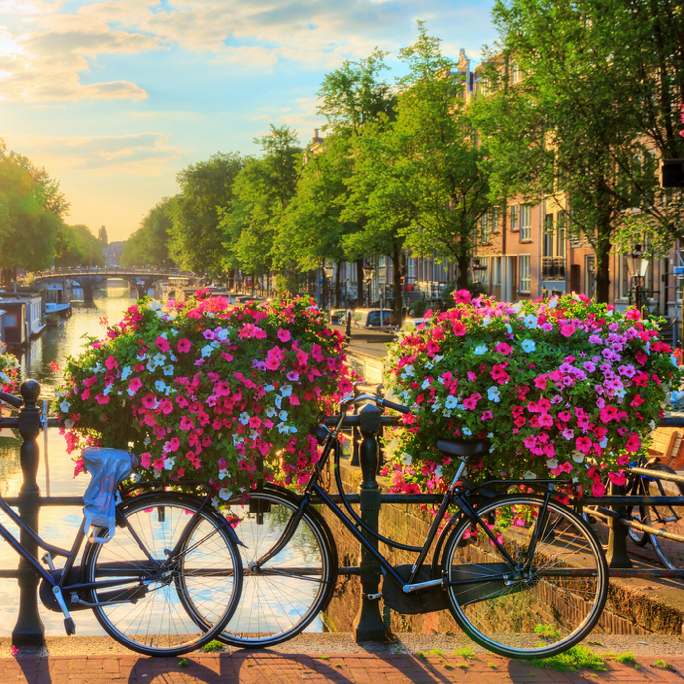 Canal em Amsterdão, Holanda Fique num hotel Pestana e alugue uma bicicleta para passear junto aos canais floridos de Amsterdão, na Holanda