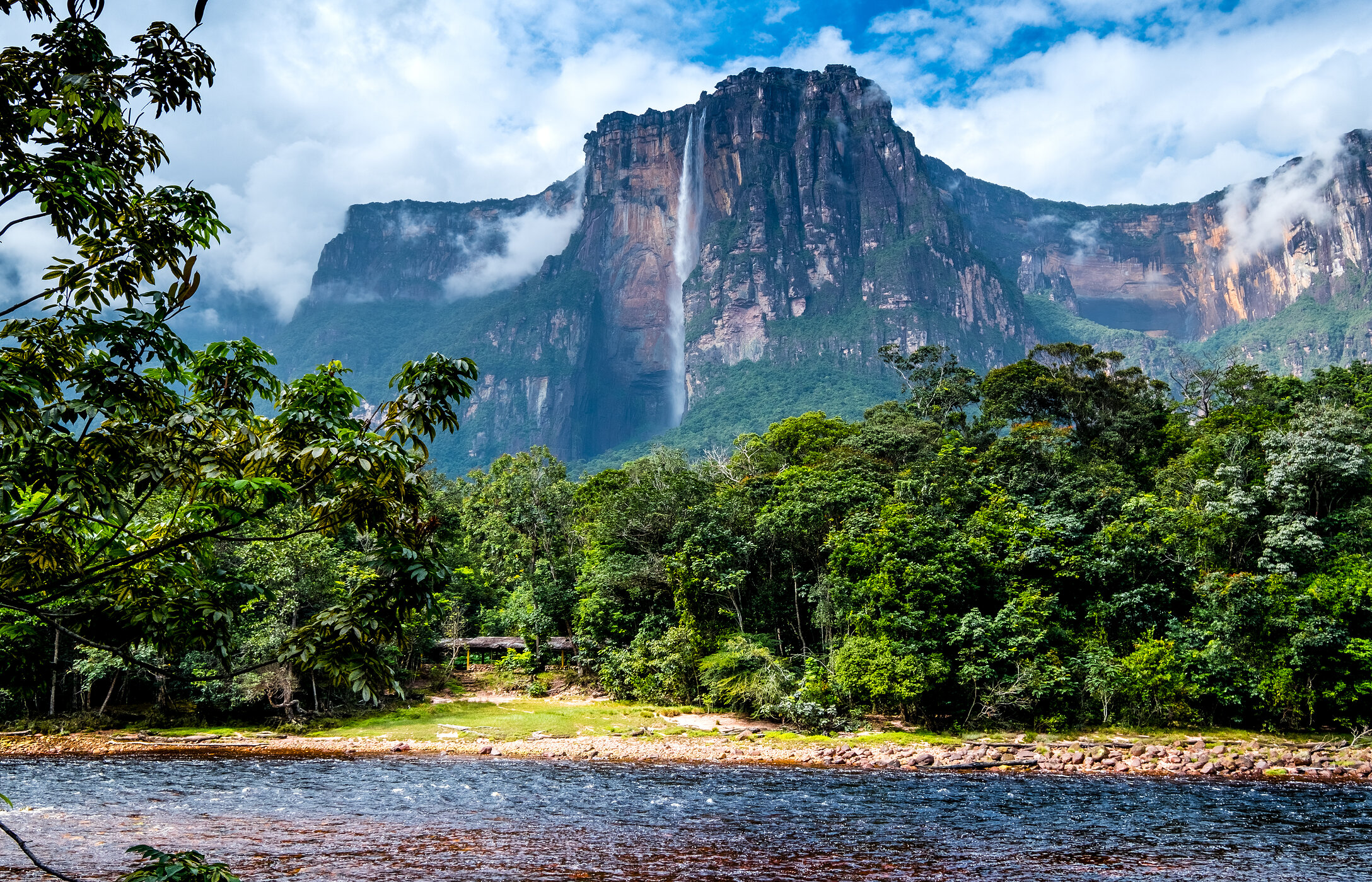 Vista panorâmica das cataratas Ángel, na Venezuela, com água a cair em cascata cercada por vegetação tropical