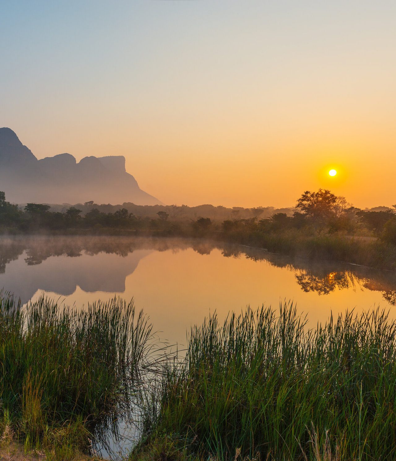 Besuchen Sie den Kruger-Park für ruhige Landschaft, See und Sonnenuntergang
