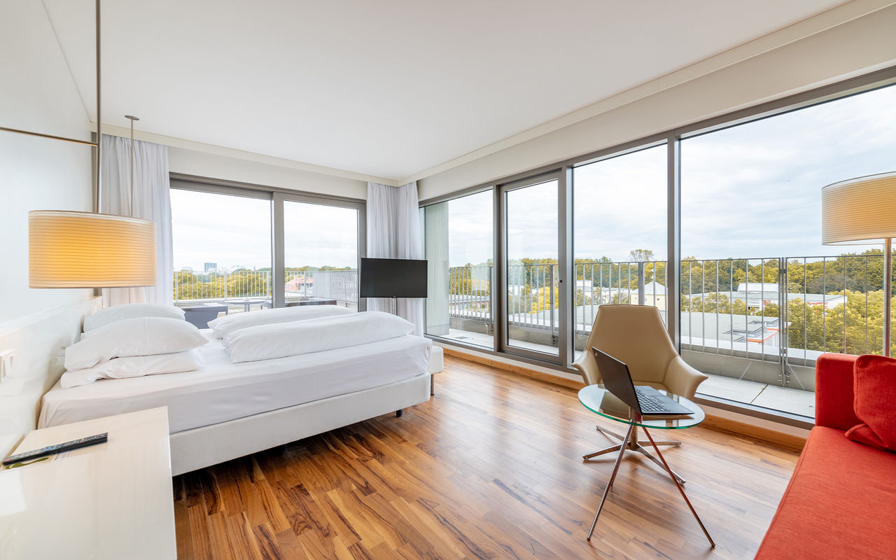 Panoramic view from the room at Pestana Berlin, with windows around the entire room providing a view of the city