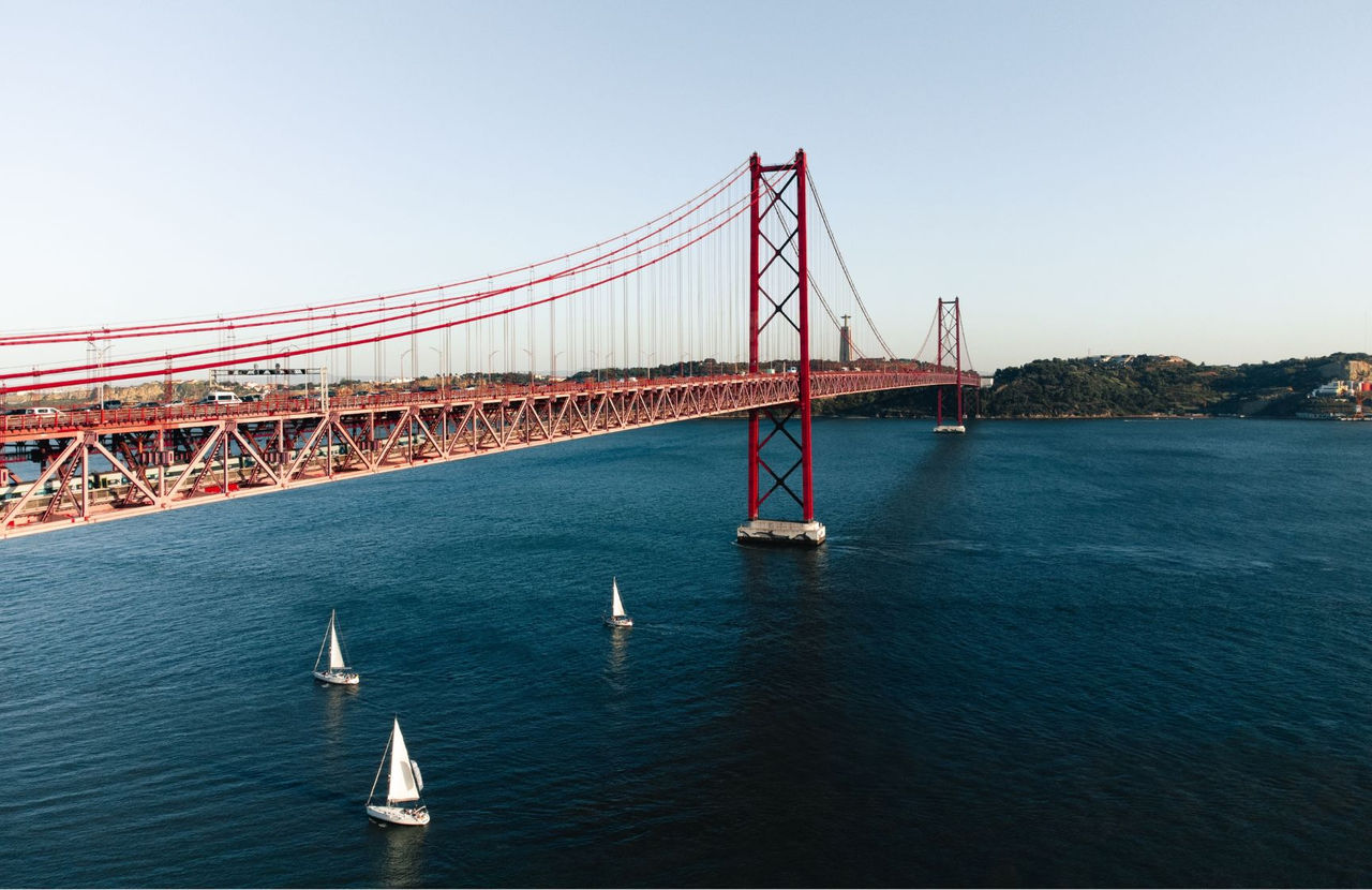 Panoramic view of the city of Lisbon, with the Tejo River featuring several boats and the 25 de Abril Bridge