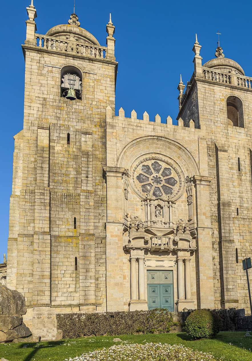 Facade of the Sé do Porto with a gothic rosary in the center one of the oldest cathedrals in Portugal