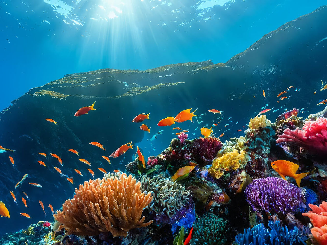 Underwater photograph of a coral reef, showing a variety of corals with schools of tropical fish