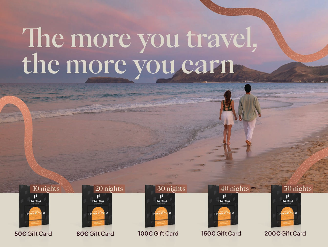Couple walking along a beach at sunset beside reward gift cards and travel points promotion graphics