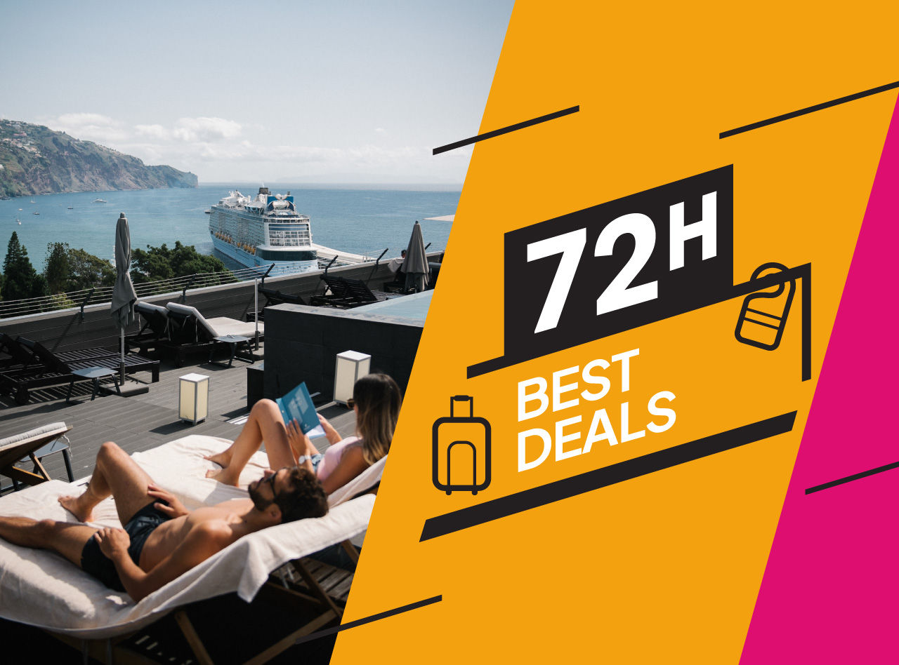 Couple relaxing on rooftop loungers beside the sea with a cruise ship and large 72H Best Deals graphic