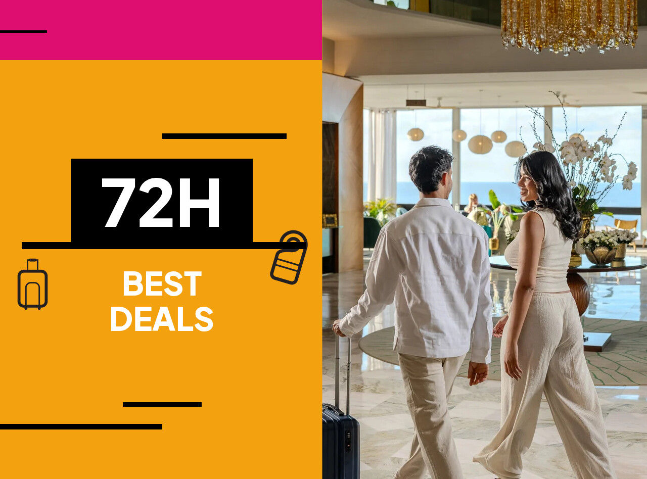 Colorful 72H Best Deals graphic beside travelers walking through a bright hotel lobby with rolling luggage