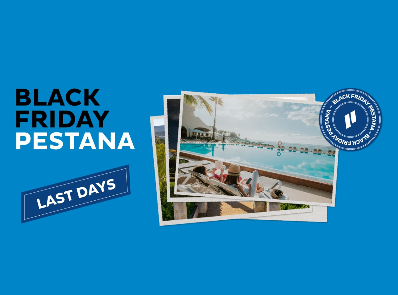 Blue background image with photos above the others with a lady in the pool, a stamp and Black Friday promotion