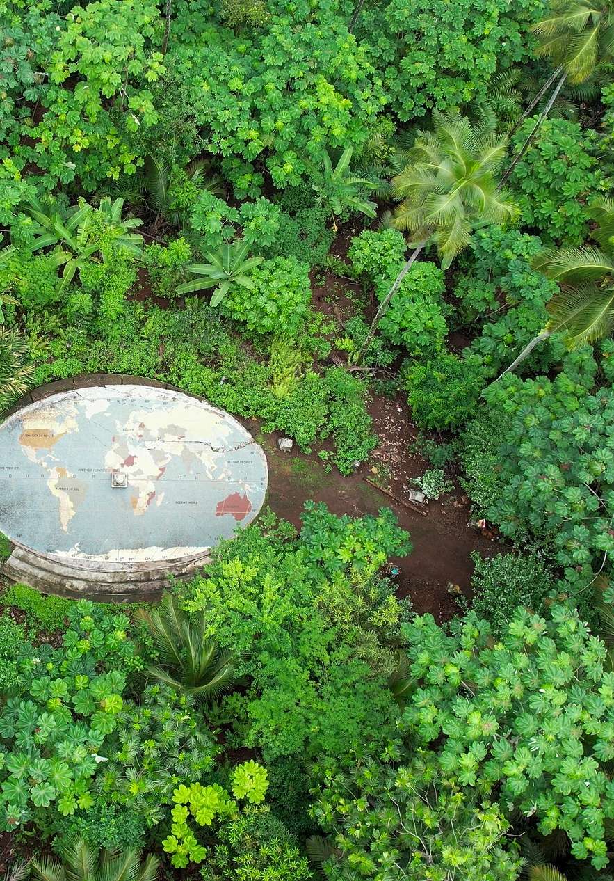Marca de la línea del ecuador con un mapa del mundo, en un jardín rodeado de densa vegetación tropical