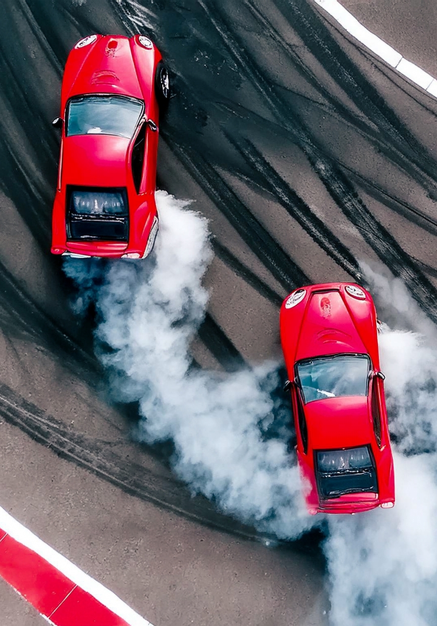Pista de carreras con automóviles rojos frenando y emitiendo humo