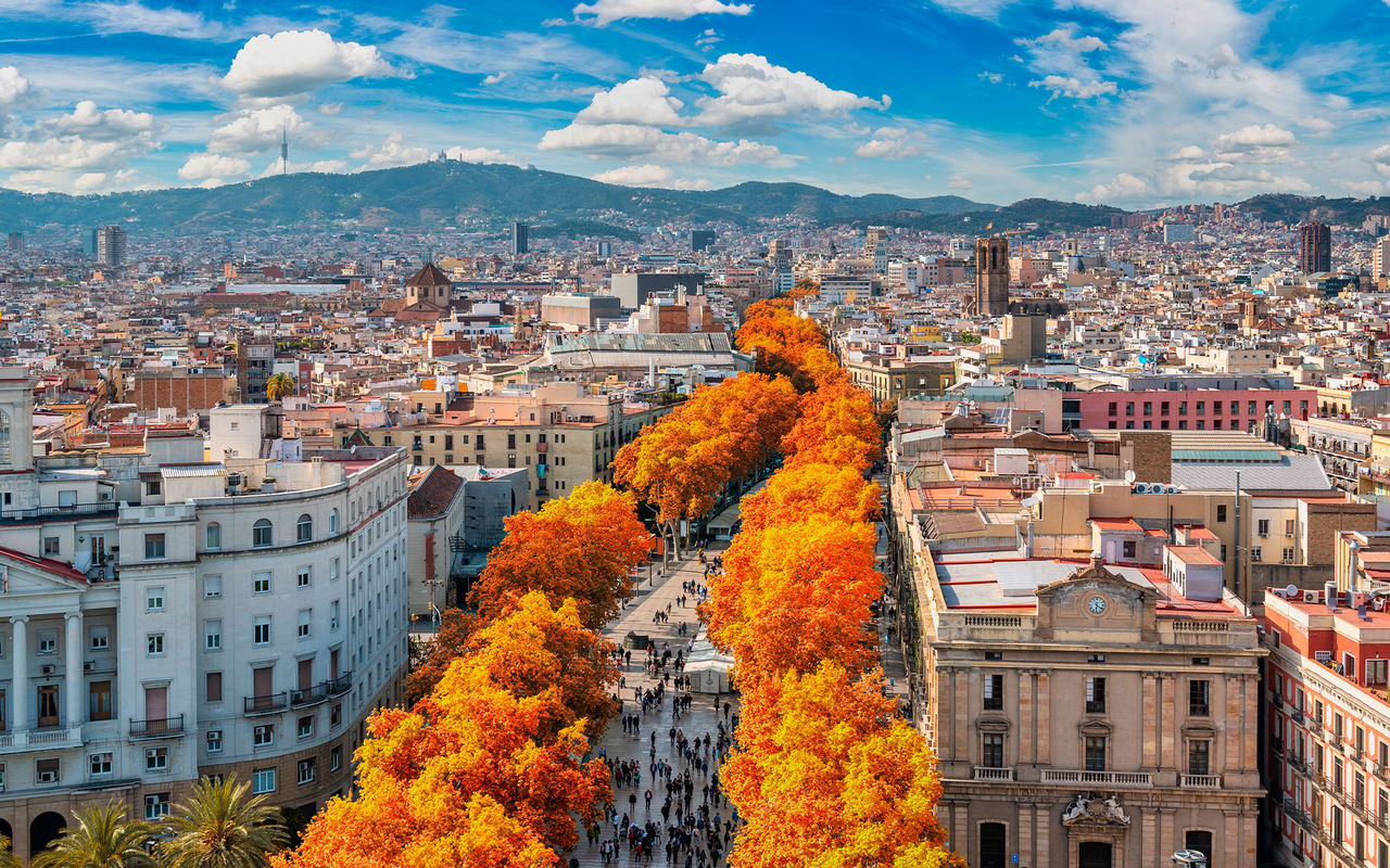 Vue aérienne de Barcelone, gens se promenant, arbres colorés et bâtiments