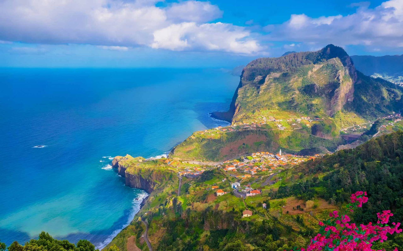 Vista aérea da costa e montanhas verdes da Madeira com vilas junto ao mar e flores coloridas em primeiro plano