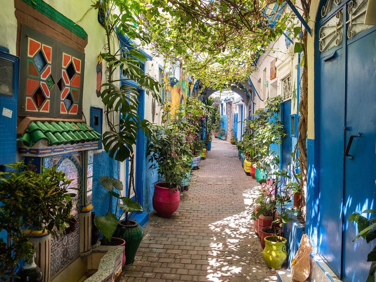 Explore Hotéis em Tânger com vista para um beco estreito com portas azuis, vasos e plantas suspensas