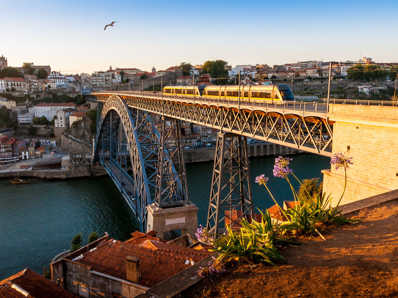 Explore Hotéis no Porto com vista para a ponte Dom Luís I e o rio Douro iluminados ao pôr do sol dourado