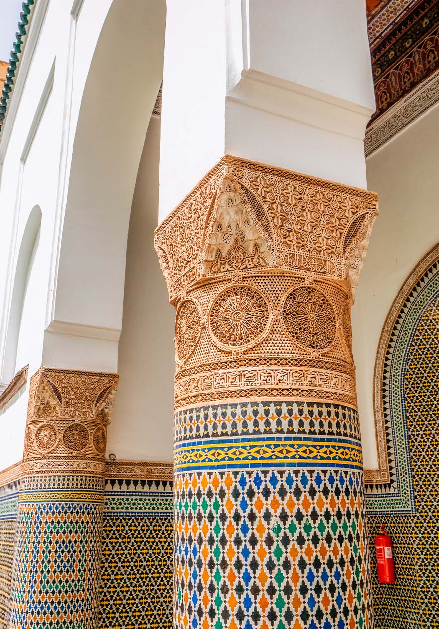 Dar Bacha is a palace with traditional Moroccan architecture decorated with stucco and mosaics in a harmonious combination