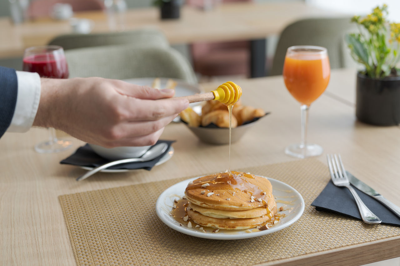 The Algarbe restaurant, at the Hotel near the Beach in Tangier, serves pancakes with honey and orange juice