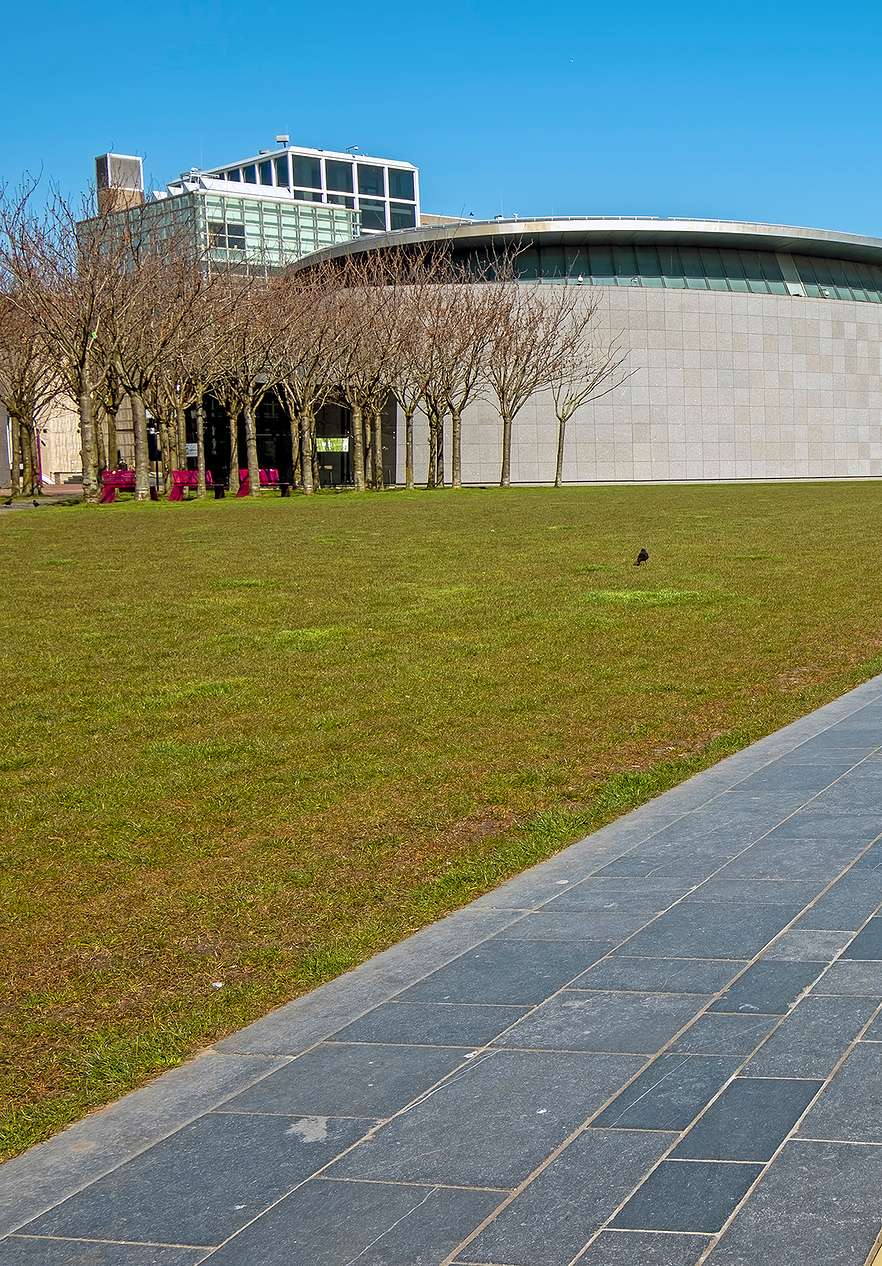 View of the grass and paved area of Museumplein in Amsterdam with aligned trees and the museum building in the background