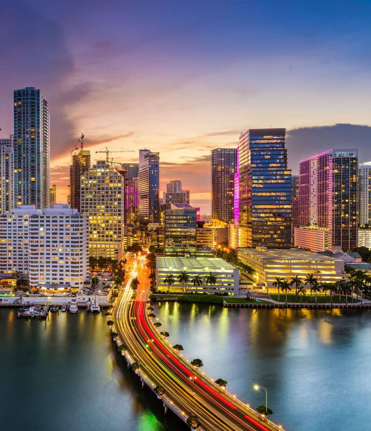 View over the city of Miami where you can see skyscrapers and boats on the sea