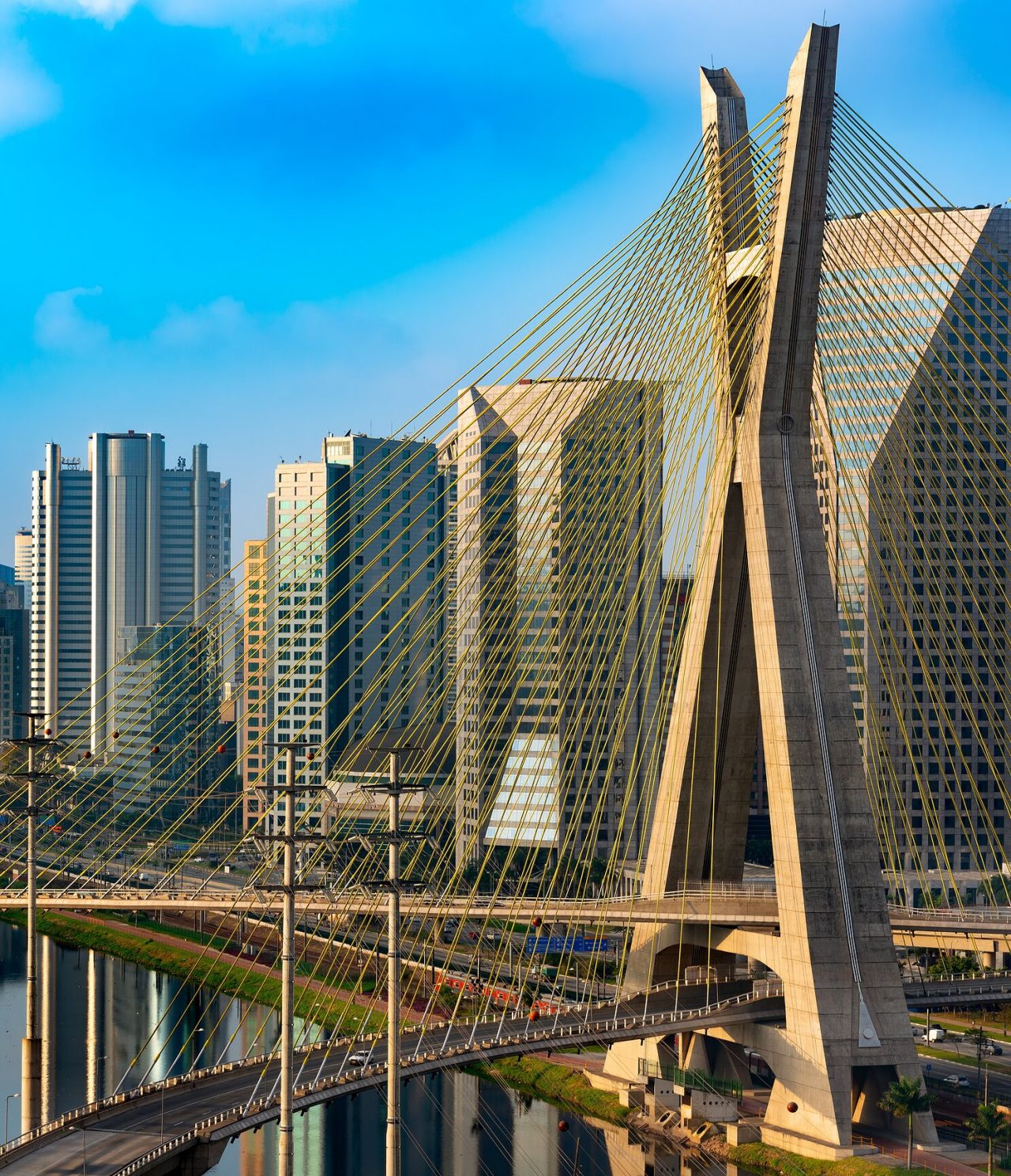 View of a robust bridge in São Paulo, with cars passing, a highway, and tall buildings in the background