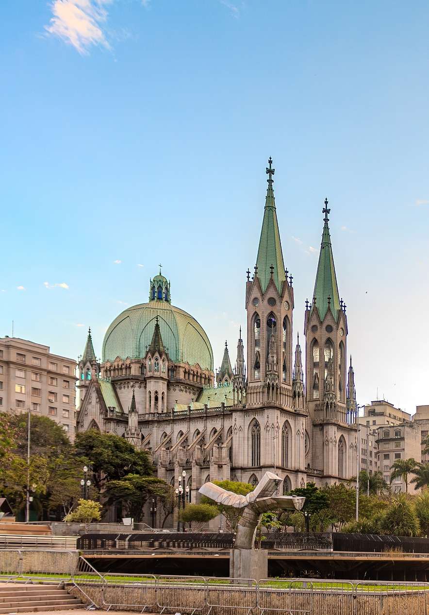 São Paulo Cathedral near Pestana São Paulo, Hotel in São Paulo Center, with gothic towers beneath blue sky